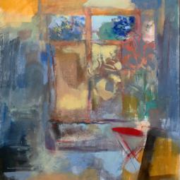 Intérieur, guéridon rouge I, 2017, huile sur toile, 162x114 cm